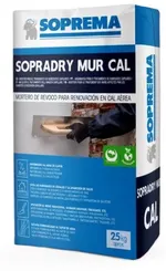 Mortero base cal aérea para tratamiento de humedades y remonte capialr. Sopradry Mur Cal de Soprema. Saco: 25 kg. Palet: 48 sacos,